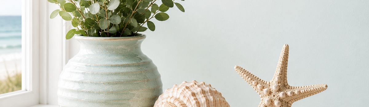 Coastal vase with greenery, seashell, and starfish for Useful Uncovered newsletter signup